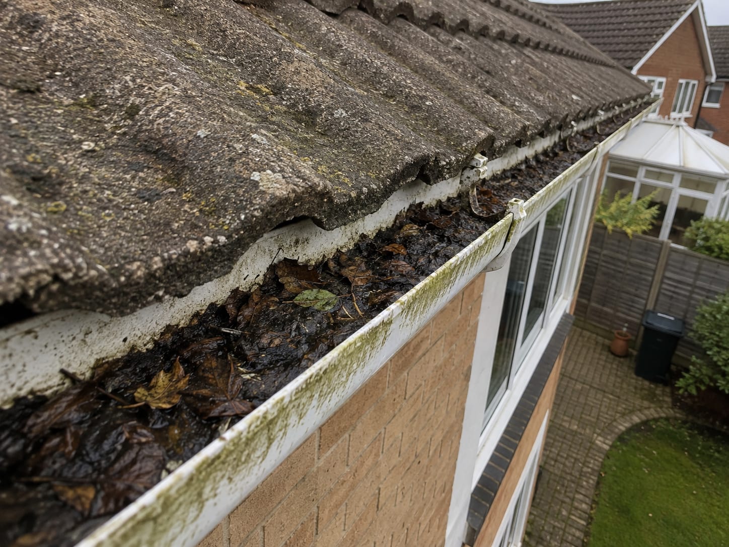 Gutter blocked with leaves and moss before cleaning