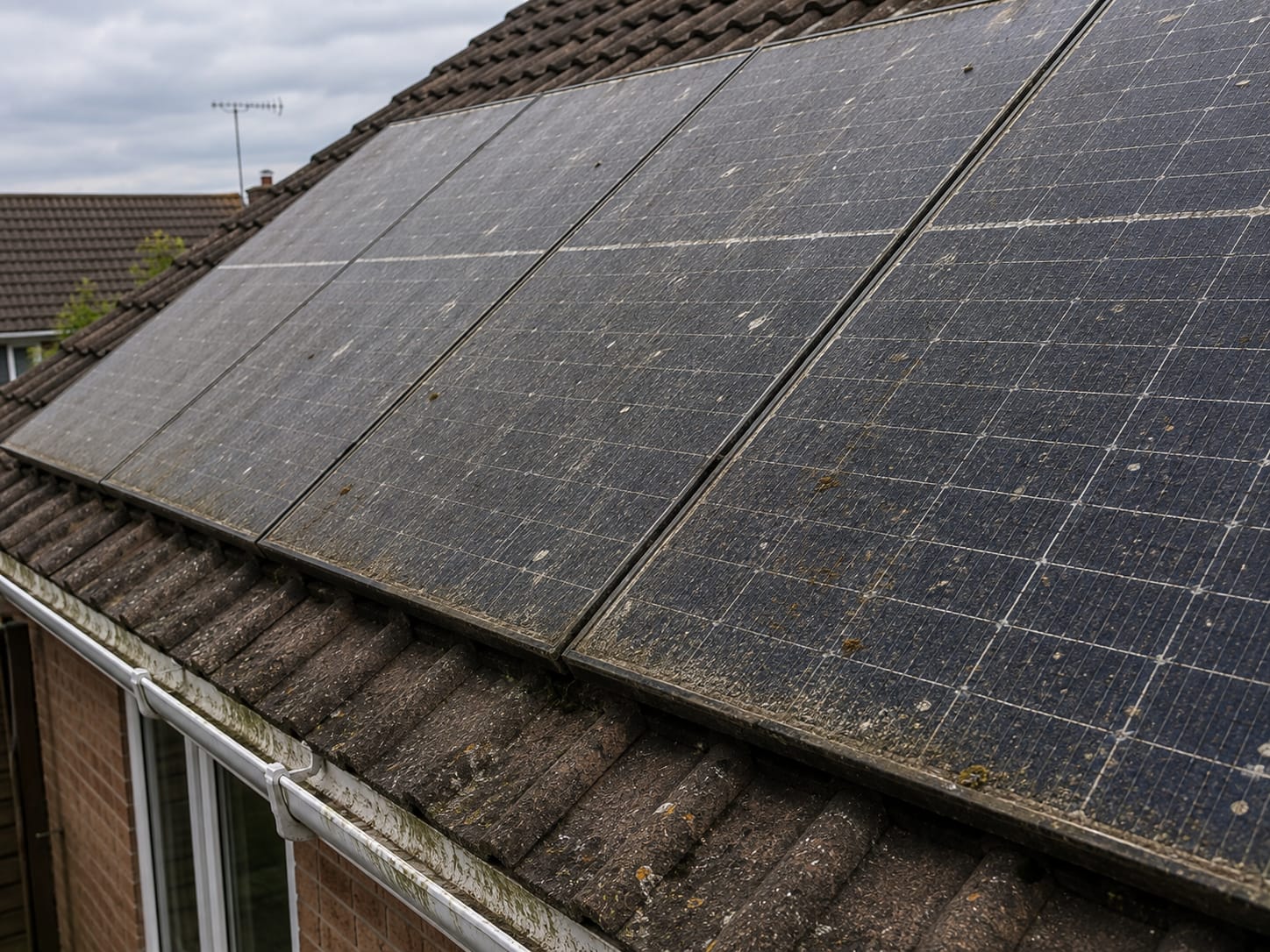 Solar panels covered in dirt and debris before cleaning