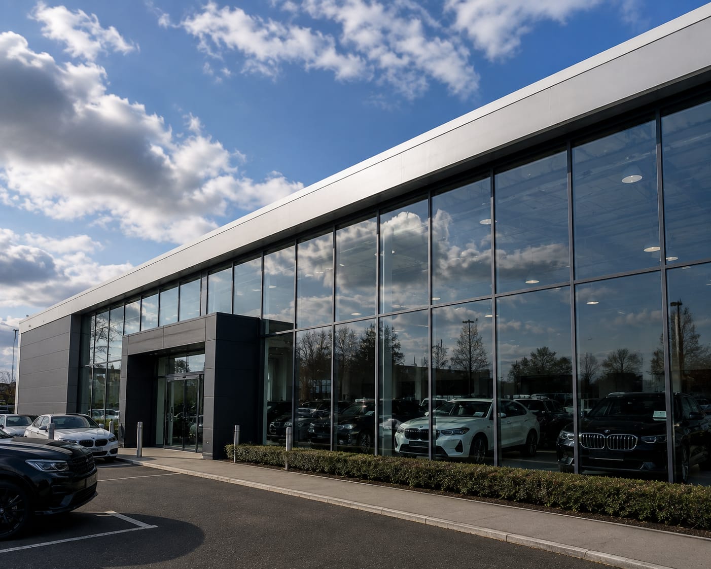 Glass-fronted commercial showroom with a full-height run of professionally cleaned windows