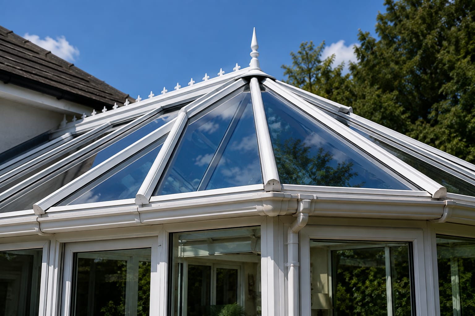 Victorian conservatory roof with clear, freshly cleaned glass panels against a blue sky