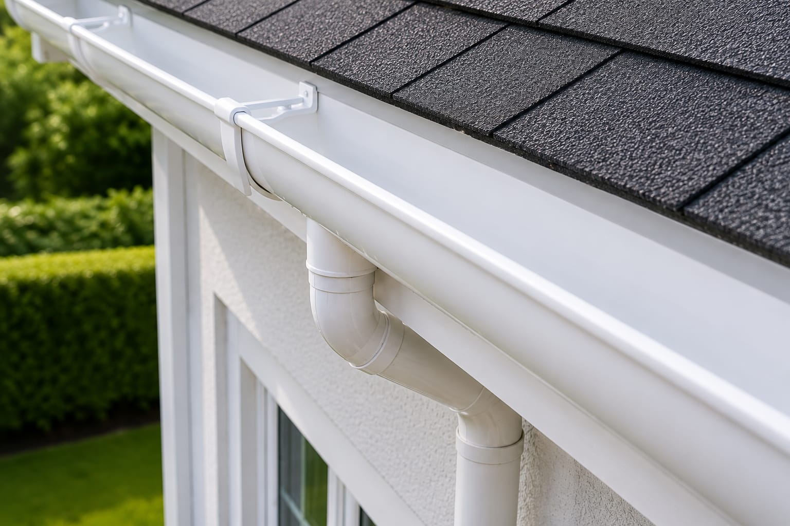 Clean white guttering and downpipe running along the edge of a tiled roof