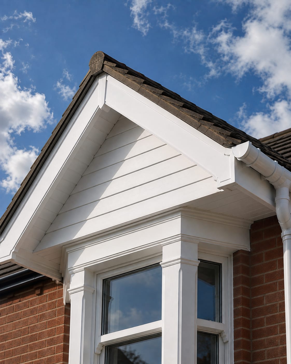 Bright white soffits, fascias and bargeboards on a gable end after a professional clean