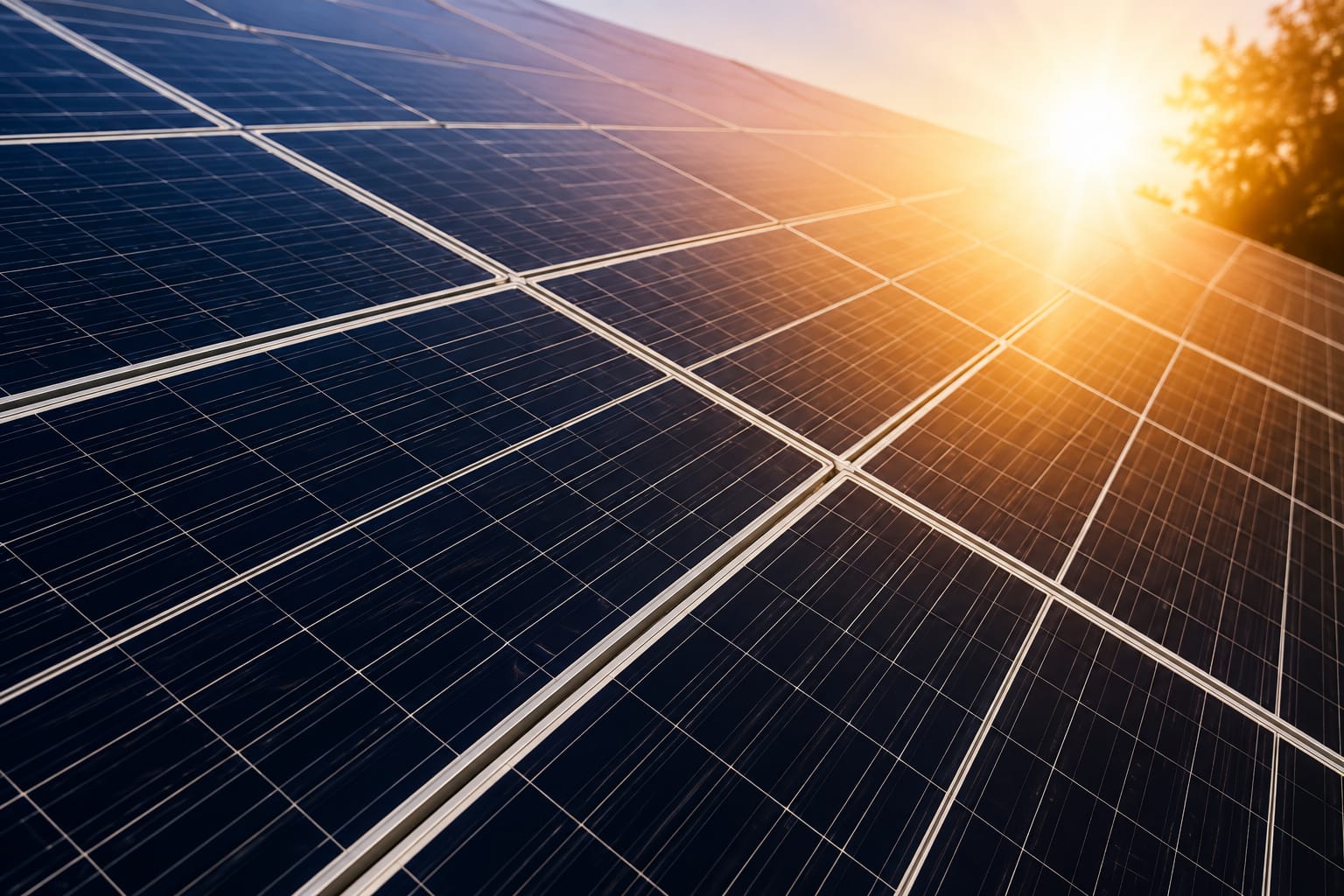 Close-up of a solar panel array cleaned to a streak-free finish in low sunshine