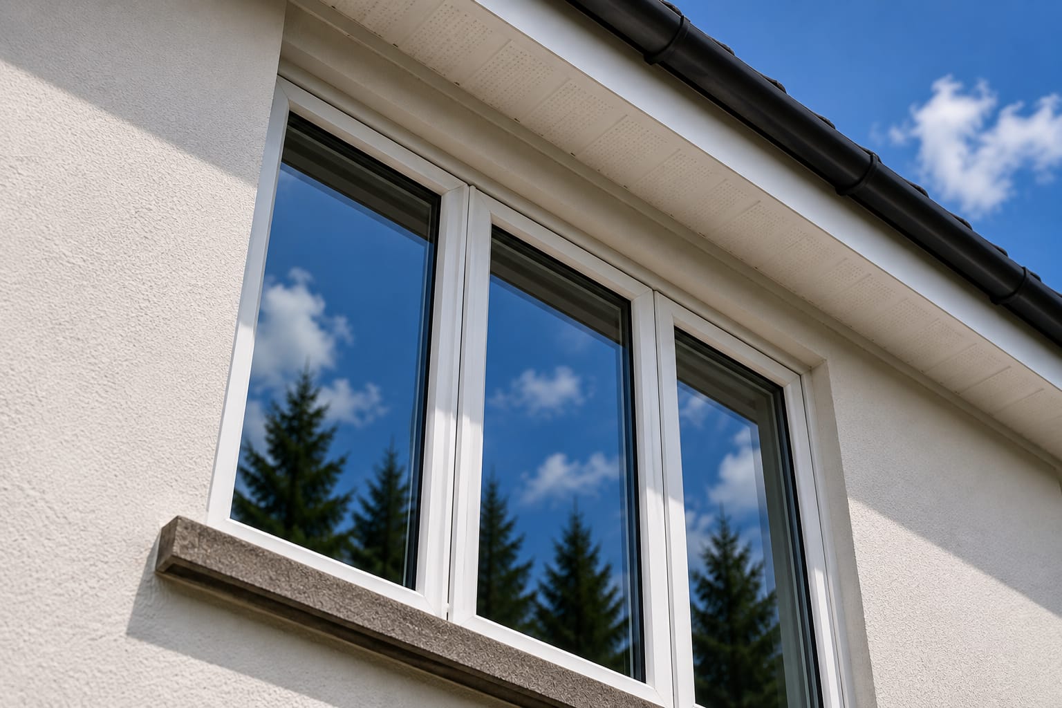 Freshly cleaned white uPVC casement windows, frames and sill reflecting a clear blue sky